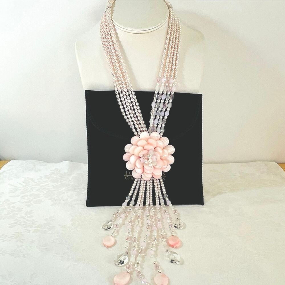 Vtg Joan River Scarlet Pink Bead Flower Necklace Multi-Strand Crystal Designer